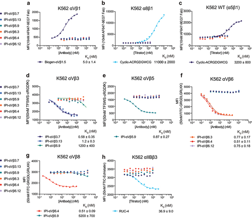 Figure 5. Binding affinities of RGD-mimetic antibodies for cell surface RGD-binding integrins by flow cytometry without washing. (a-c) Affinities on K562 stable transfectants or WT K562 cells were measured by enhancement of binding of 10nM AF647-9EG7 Fab. Cyclic-ACRGDGWCG and Biogen-αVβ1.5 were included as positive controls. Affinities and standard errors are from nonlinear least square fits of MFI values to a three-parameter dose–response curve. (d-h) Affinities on K562 stable transfectants were measured by competing fluorescently labeled RGD-mimetics. Affinities and standard errors are from nonlinear least square fits of MFI values to a three-parameter dose–response curve fitted individually (αVβ5 and αIIbβ3) or fitted globally (αVβ3, αVβ6 and αVβ8) with the minimum MFI and the maximum MFI as shared fitting parameters and EC50 for each titrator as individual fitting parameters. The KD value of each titrator was calculated from the EC50 value as KD = EC50/(1 + CL/KD,L), where CL is the concentration of the fluorescent peptidomimetic and KD,L is the binding affinity of the fluorescent peptidomimetic to the respective integrin ectodomain as referenced in methods. The errors for the affinities are the difference from the mean from duplicate experiments.
