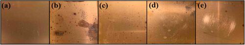 Figure 2. Copper oxidation changed with corrosive coating time: (a) Reference, (b) None, (c) 30 s, (d) 120 s, and (e) 180 s.