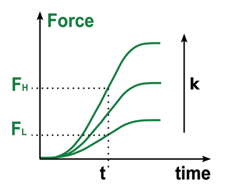 Figure 3 Force generation is dependent on stiffness. The rate of force build-up (dF/dt, slope of the force curves) increased with stiffness. This implies that, after a given time t, cells apply higher forces FH on stiff plates than on soft ones Fl. This phenomenon could explain why cells migrating on anisotropic substrates orient along the stiffest axis.
