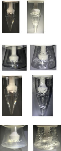Figure 11. Three-dimensional printed prototypes for two selected optimized cases under different conditions: (a) angle of 45°, distance of 10 mm, cone in static condition; (b) angle of 45°, distance of 10 mm, cone in operating condition; (c) angle of 45°, distance of 10 mm, inverted cone in static condition; (d) angle of 45°, distance of 10 mm, inverted cone in working condition; (e) angle of 60°, distance of 10 mm, cone in static condition; (f) angle of 60°, distance of 10 mm, cone in working condition; (g) angle of 60°, distance of 10 mm, inverted cone in static condition; and (h) angle of 60°, distance of 10 mm, inverted cone in working condition.