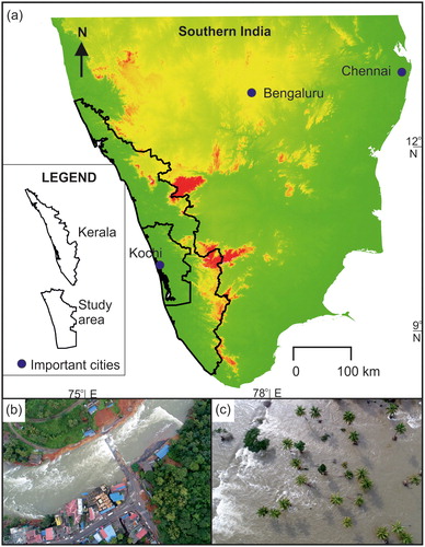 Figure 1. (a) South India showing the state of Kerala (mosaic of SRTM 90 m resolution DEM) (b) and (c) UAV images of flooding event along Periyar river course (Source: I&PRD, Govt of Kerala).
