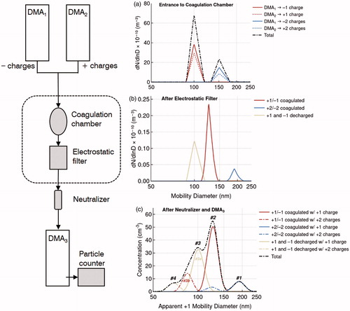 Figure 1. Left: schematic steps used for dimer synthesis. The neutralizer imparts an equilibrium charge distribution. Right: dashed black line corresponds to a theoretical model of the size distribution (a) at the entrance of the coagulation chamber, (b) after exiting the electrostatic filter, and (c) the measured apparent size distribution with the particle counter after DMA3. Colored lines indicate various contributions to the signal described in the text. The number #1–#4 in panel (c) indicate four apparent modes in the total size distribution.