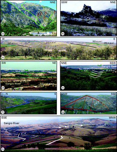 Figure 9. Morphotectonic elements in the Aventino and lower Sangro valley. (a) Wine-glass valley and flat-iron in the eastern flank of the Maiella ridge. (b) Hog-back in the SE side of the aventino valley (Roccascalegna village). (c) Linear valleys (black lines) incising alluvial fan surfaces (north of the Sangro valley). (d) NW side of the Sangro River valley: beheaded valley on the drainage divide and NNW–SSE linear valley cutting fluvial terraces. (e) Lower Sangro River valley: alignment of a linear valley and a beheaded valley. (f) NE side of Aventino River valley: a river bend. (g) NW tributary of the Aventino River: NNW-SSE triangular facets. (h) NW side of the Sangro River valley: NNW–SSE and WSW–ENE linear valleys (black lines), river bends (white lines) and WSW–ENE counterﬂow conﬂuences of streams (white arrows).