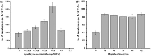 Figure 6. Transformation efficiency of YLCs under different conditions. (a) The transformation efficiency of YLCs after being treated by lywallzyme for 15 min with different concentrations. (b) The transformation efficiency of YLCs after being treated by 0.05% lywallzyme for different time.
