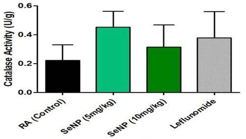 Figure 12 Catalase activity shown by treated mice liver tissues compared to untreated mice liver tissue. Variation in catalase activity values was not significant.Abbreviations: RA, rheumatoid arthritis; SeNP, selenium nanoparticles.