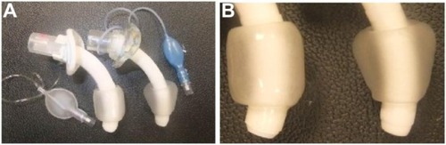Figure 1 (A) Shiley™ Disposable Cannula tracheostomy (DCT) tube with cylindrical cuff (left) and Shiley™ Flexible tracheostomy tube with TaperGuard™ cuff (right). (B) Shiley™ DCT tube cylindrical cuff (left) and TaperGuard™ cuff (right).