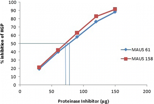 Figure 6.  Visualization HGPI isoforms of soybean using Gel–X-ray film contact technique. (1) F1 fraction of MAUS 158 and (2) F1 fraction of MAUS 61.