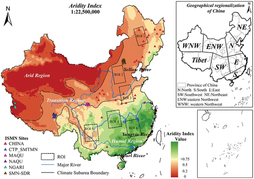 Figure 1. Climatic sub-regions in Chinese Mainland, locations of the in-situ SM sites, and six validation regions of interest (ROIs) under Asia North Albers equal area conic projection.