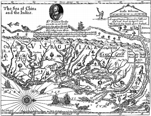 Figure 5 “A mapp of Virginia discouered to ye Hills, and in it's Latt: From 35 deg: & 1/2 neer Florida to 41 deg: bounds of new England” (London, 1651). Courtesy of the John Carter Brown Library at Brown University [8189–22].