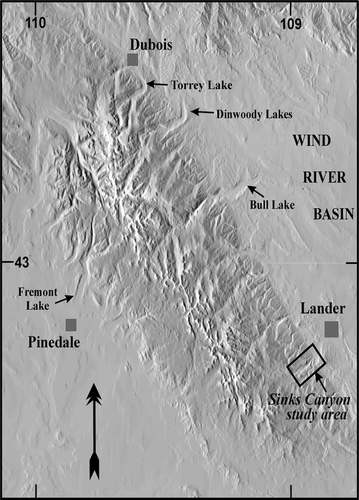 FIGURE 1. Map of the Wind River Range showing the location of Sinks Canyon on the northeastern flank of the range. The locations of other localities important to the Rocky Mountain glacial succession are provided for reference