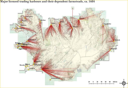 Figure. 4. Royal and ecclesiastical ownership networks in early 18th-century Iceland. The bishoprics are shown in red, royal properties in blue and beneficia properties in orange. Source: Maps produced using basemap data from Landmælingar Íslands.