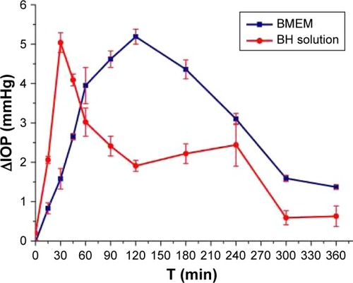 Figure 13 Effect on IOP changes induced by a single topical instillation of BMEM (2.8 mg·mL−1) in rabbit eyes in comparison with BH solution (2.8 mg·mL−1). Values are presented as the mean ± SD (n=6).Abbreviations: BH, betaxolol hydrochloride; BMEM, betaxolol hydrochloride encapsulated microsphere; IOP, intraocular pressure.