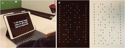 Figure 1. A: Participant reading reverse polarity digital text using the MNREAD platform on an iPad. Participants were asked to read aloud as quickly and as accurately as possible until they could no longer see the text or made 10 or more errors in their reading. B: Printed laminated matte A4 cards with reverse polarity numerals (N24 Times New Roman) with 16 lines with 1.5 line spacing and 5 numerals per line. The participant was instructed to read from top to bottom left to right as quickly and as accurately as possible. The time taken was recorded using a stopwatch in seconds with a second added for each misread numeral to the total time.