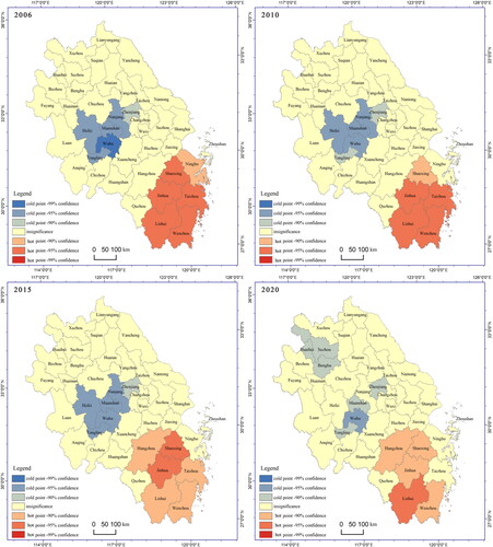 Figure 5. Spatial clustering distribution of the urban polycentric index from 2006 to 2020.