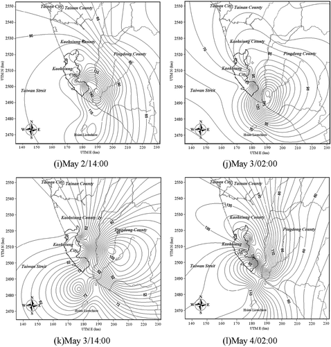 Figure 5. PM10 concentration contour over the coastal region of southern Taiwan during the intensive sampling periods (x- and y-axis legends are UTM [Universal Transverse Mercator] units in kilometers): (a) August 16 at 2:00 p.m., (b) August 17 at 2:00 a.m., (c) August 17 at 2:00 p.m., (d) August 18 at 2:00 a.m. (e) November 3 at 2:00 p.m., (f) November 4 at 2:00 a.m., (g) November 3 at 2:00 p.m., (h) November 4 at 2:00 a.m. (i) May 2 at 2:00 p.m., (j) May 3 at 2:00 a.m., (k) May 3 at 2:00 p.m., and (l) May 4 at 2:00 a.m.