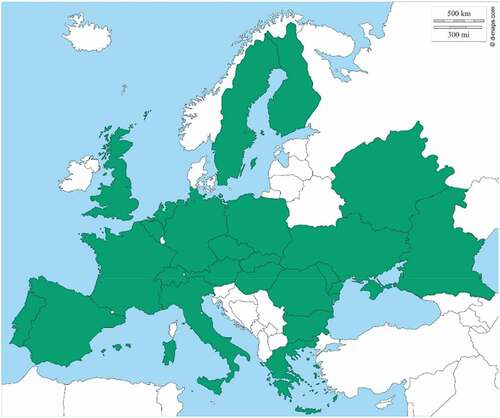 Figure 9. European distribution of P. alceae. Green: present, white: absent. (Data from Fauna Europaea, https://fauna-eu.org/; figure modified from © 2007–2018 d-maps.com)