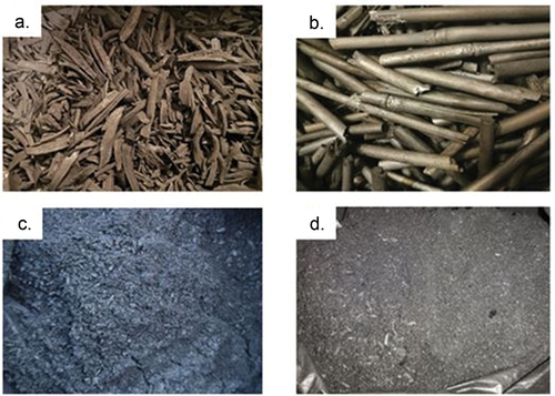 Figure 1. Plant filler: after carbonization process A.- tomato stems, B. - giant miscanthus; after mechanical shredding process C. - tomato stalks, D. - giant miscanthus.