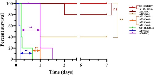 Figure 4. Survival curve of six weeks CD1 mice after IP infection with colistin-resistance K. pneumoniae. Each group, with five mice included with one K. pneumoniae strain, either 5×107 CFU of 14 CoRKp strains or NTUH-K2044, or 1×108 CFU of low-virulent control QD110. Strain of ST86-K2 presented the highest level of virulence, more virulent than the reference strain NTUH-K2044, and six strains from ST11-K64/K47 showed intermediate virulence, except for ST111-K63 isolate, which showed weak virulenceto some extent. Isolate from ST5253-K28 was classic virulence. Data of classic-virulent strains from, with no death of mice occurring within 7 days, were not shown, as the survival consistent with QD110. P-values from the log-rank (Mantel-Cox) test were indicated as follows: *, P < 0.05; **, P <0.01; ns, not significantly different.