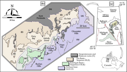 Figure 1. Geographic and geological background. (a) Location of the study area, with major structural and basinal features reported. (b) Summary geological sketchmap of the study area.