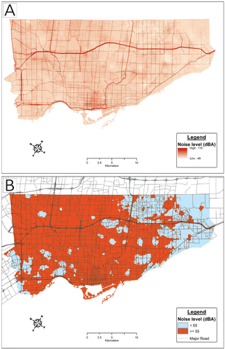 Figure 3. Nighttime (2 a.m.–2:30 a.m.) noise levels in Toronto. Noise levels (A) on a continuous scale and (B) categorized based on a 55-dBA cut-off, as estimated using the final predictive surface.