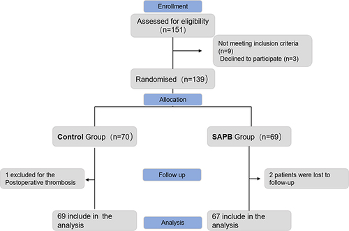 Figure 2 CONSORT (Consolidated Standards of Reporting Trials) flow diagram. The SAPB group underwent general anesthesia and continuous low serrate anterior plane block, while the control group underwent general anesthesia and continuous intravenous opioid analgesia.