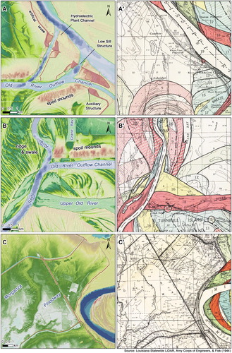Figure 8. Comparison of combined LiDAR and hydrographic survey DEM (∼2007 data) with parts of CitationFisk’s (1944) historical channel change maps.
