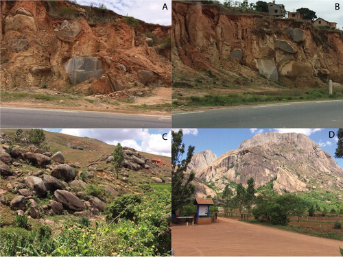 Figure 5. Examples of weathered landscapes as a result of warm, humid climate similar to Antarctica during the Eocene. (A and B) Corestones set in soft, deeply weathered regolith near Antananarivo, Madagascar. (C) As regolith is removed, corestones begin to armour the landscape, south central Madagascar. (D) A bornhardt/inselberg with sheeting parallel to the surface emerges following the removal of the surrounding weathered material, south central Madagascar.