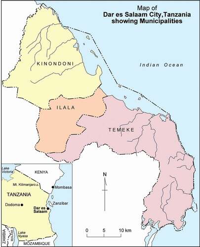 Figure 3. Map showing the three municipalities in the city of Dar es Salaam.