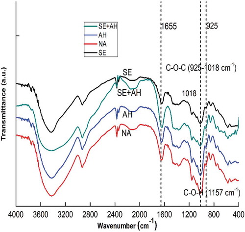 Figure 2. Spectra of native and modification starch (a) NA; (b) SE; (c) AH (d) SE+AH at 70°C; 2 h.