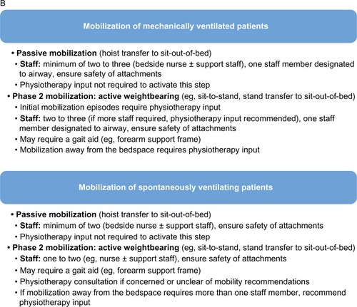 Figure 1 Mobilization flowchart.Notes: (A) Decision making flowchart for mobilization of ICU patients. *If hemiplegic, ≥ 3/5 on intact side. (B) Nursing guideline for mobilization of ICU patients.