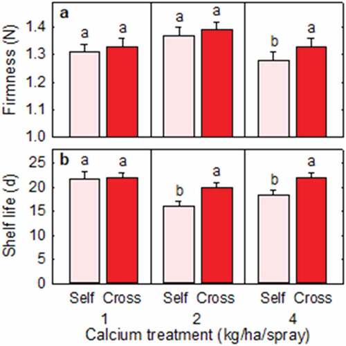 Figure 5. (a) Firmness and (b) shelf life of Redlands Joy strawberry fruit arising from self-pollination (Self) or cross-pollination by cultivar Rubygem (Cross) under three levels of calcium nutrition. Means + SE with different letters within a calcium level are significantly different (GLM; P < .05; n = 207–223 fruit for firmness; n = 28–30 fruit for shelf life).