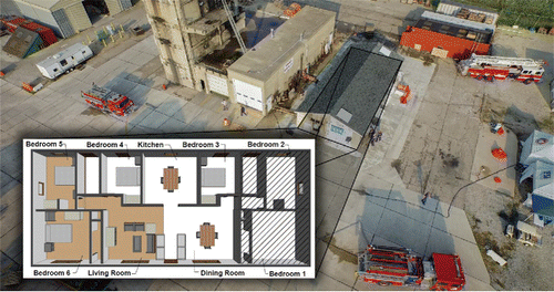 Figure 1. Floor plan of the structure. Fires were set in bedrooms 1 and 2 or bedrooms 5 and 6.