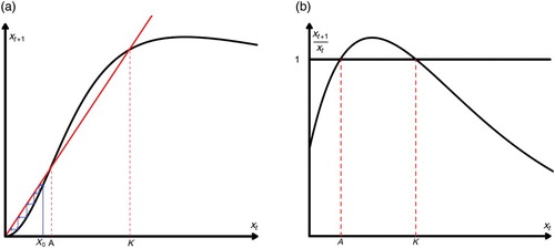 Figure 2. A single-species model with Allee effect. (a) We plot xt+1=f(xt). We have two possible fixed points: A (threshold Allee point) and K (carrying capacity). If the population falls below the value of A, it will go extinct and (b) we plot the ‘overall’ fitness function xt+1/xt. Notice that xt+1/xt|x=0=1 which is the hallmark of the strong Allee effect.