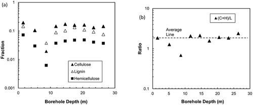 Figure 4. Variations of (a) Cellulose, hemicellulose and lignin; (b) (C + H)/L ratio with borehole depth
