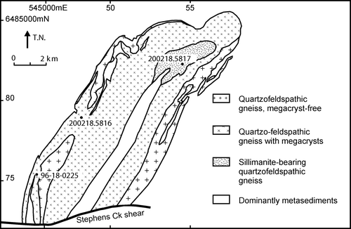 Figure 11 Simplified interpretive diagram of lithological zonation in the Stephens Creek Granite Gneiss (data from Stroud Citation1989b), showing sample locations. Metasediment included in the granite gneiss is part of the Thackaringa Group; granite gneiss is enclosed by the Broken Hill Group.