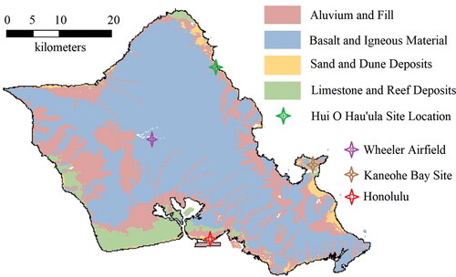 Fig. 3. Major locations and geology of Oahu, Hawaii, adapted from Dores and Lautze with permission (Dores and Lautze Citation2020).