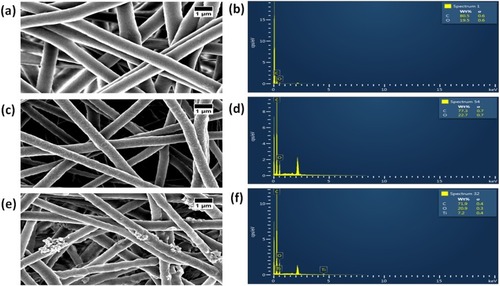 Figure 1 FESEM images and EDX of (A, B) PE, (C, D) PE/WG and (E, F) PE/WG/TiO2. Sample with size of 1 cm * 1 cm was cut and imaged in Hitachi SU8020 at different magnifications.