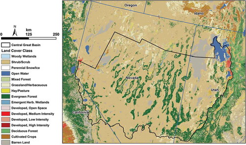 Figure 1. The study area overlain on the 2011 National Land Cover Database (NLCD) land-cover classes. For full colour versions of the figures in this paper, please see the online version.