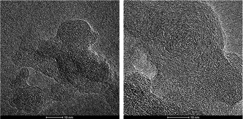 Figure 7. HRTEM images revealing differences in lamellae structure between small vs. large particles. (Image contrast has been increased to distinguish particles from the amorphous carbon film of the underlying TEM grid.)