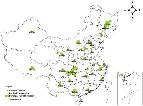 Figure 1. Spatial distributions of 31 Chinese municipalities and provincial capitals in China.