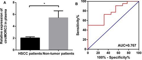 Figure 4 (A) Expression of circMORC3 was downregulated in HSCC plasma compared to non-tumor patients (n = 22, *P = 0.009). (B) The diagnostic value of circMORC3 in plasma. The area under the ROC curve (AUC) was 0.767 (95% confidence interval (CI): 0.627 to 0.906; P = 0.002).