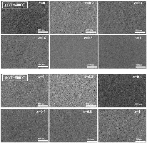 Figure 2. FESEM of the MZxNO samples annealed at (a) 400°C and (b) 500°C