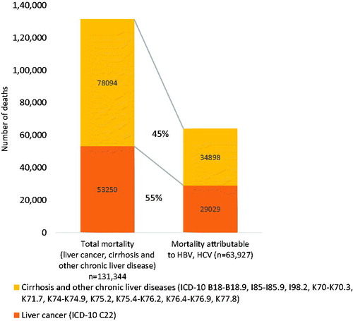 Figure 5. Mortality from liver diseases in the EU/EEA in 2015 and the fraction attributable to hepatitis B and C.Note: Total mortality was calculated by summing up the number of deaths from liver cancer (ICD-10 code C22) and ‘cirrhosis and other chronic liver diseases’ (a broader definition of chronic liver diseases than that of WHO, including ICD-10 codes B18–B18.9, I85–I85.9, I98.2, K70–K70.3, K71.7, K74–K74.9, K75.2, K75.4–K76.2, K76.4–K76.9 and K77.8) extracted from Eurostat for each EU/EEA country. Mortality attributable to HBV and HCV was estimated by adjusting mortality figures for each country with the country-specific aetiology fraction estimates for HBV and HCV available from GBD publications. Overall for the EU/EEA, 45% or cirrhosis and other chronic liver diseases deaths (n = 34,898) and 55% of liver cancer deaths (n = 29,029) could be attributable to HBV and HCV. Baseline mortality attributable to HBV and HCV is thus, 63,927.