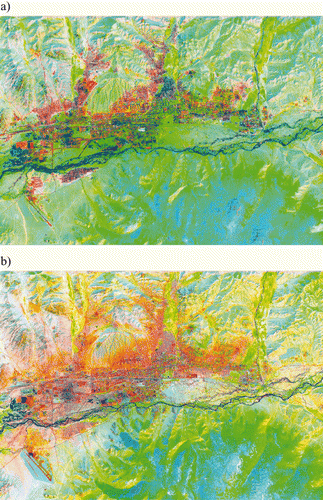 Figure 3. Comparison of the multi-temporal PC images. (a) PC image of 1990 data sets (red, PC1; green, PC2, blue, PC3), (b) PC image of 2001 data sets (red, PC1; green, PC2; blue, PC3).