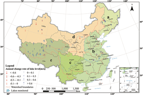 Figure 5. Spatial distribution of lake level change trends in China during 2002–2023. The lowercase letters indicate different lake regions. (a) Northeast plain and Mountain; (b) Eastern Plain; (c) Yunnan–Guizhou Plateau; (d) Inner Mongolia–Xinjiang; (e) Tibetan Plateau.