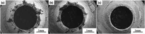 Figure 6. SEM images of the fracture surfaces of the small punch creep (SPC) samples tested at 700°C (load = 200 N). Heat treatment conditions: (a) G91-TMT 900, (b) G91-TMT 600, and (c) G91-AR. After (Vivas, Capdevila, et al., Citation2019).