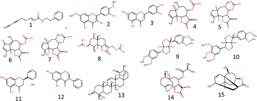 Figure 4 Natural Compounds Isolated from Asteraceae with Moderate Antimalaria Activity. 1: N-(2-phenethyl)-2E-en-6,8- nonadiynamide,Citation36 2: Tamarixetin, 3: Apigenin, 4: 1-desoxy-1α-peroxy-rupicolin A-8-O-acetate, 5: Rupicolin B-8-O-acetate, 6: 11,13-dehydromatricarin, 7: 1α,4α-8α-Trihydroxyguaia-2,9,11(13)-triene-12,6α-olide-8-O-acetate, 8: Eudesmaafgraucolid,Citation42 9: Eudesmin, 10, Magnolin,Citation44 11: Pinocembrin, 12: 5,7-Dihydroxyisoflavone,Citation60 13: 3-Hydroxy-13,28-epoxyurs-11-en-28-one,Citation61 14: 11β,13-dihydrovernolide,Citation42 15: Xanthipungolide.Citation39