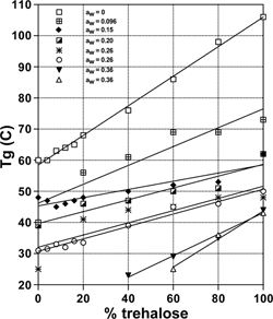 Figure 7 Glass transition temperatures of amorphous, freeze-dried sucrose-trehalose mixtures at different water activities at 25°C.