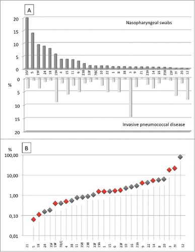 Figure 3. Comparison between pneumococcal serotypes found in nasopharyngeal swabs obtained from healthy carrier children and adults with invasive pneumococcal disease expressed as percentages (A) and case/carrier ratio (B).