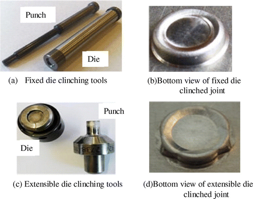 Figure 8. Comparison of tools and bottom views between fixed die clinching and extensible die clinching.